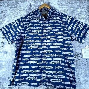 Duluth Trading Mens 2XL Tall Fish Print Trout Fishing Angler Shirt Relaxed Fit
